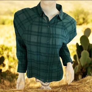 ❄️ 50% off winter Zara green plaid long sleeve button down collar top blouse 6